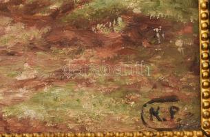 Olvashatatlan (K. P.?) jelzéssel. Lovak itatásnál. Olaj, karton, szélein kissé sérült. Dekoratív, ki...