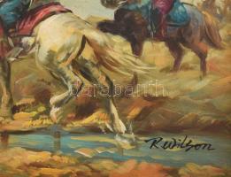 R Wilson jelzéssel: Lovasok. Olaj, fa. Dekoratív fakeretben. 12x16 cm