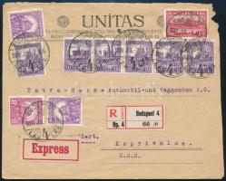 1928 Ajánlott expressz levél 10 db bélyeggel Csehszlovákiába / Registered express cover with 10 stamps to Ceskoslovakia