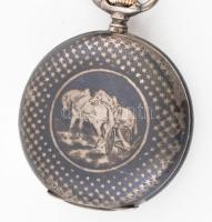 Longines zsebóra jelzett tokkal, számlappal, szerkezettel, niellós ezüst (Ag) tokkal, zománc számlap...