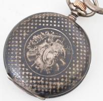 Longines zsebóra jelzett tokkal, számlappal, szerkezettel, niellós ezüst (Ag) tokkal, zománc számlap...