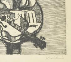 Kádár György (1912-2002): Hegedűs csendélet. Rézkarc, papír, jelzett. Üvegezett fakeretben, 30x20 cm