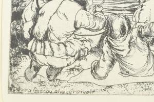 Gácsi Mihály (1926-1987): Dózsa alvezéreivel. Rézkarc, papír , jelzett Üvegezett fakeretben, 20x30 c...