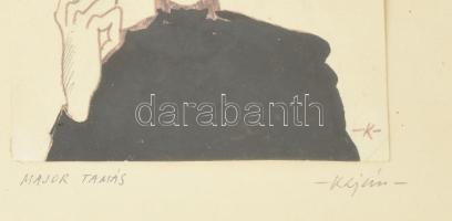 Kaján Tibor (1921-2016): Major Tamás portréja, tus-ceruza, papír, jelzett, 22x13 cm Üvegezett fakere...