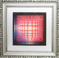 Vasarely Victor (1908-1997): Op-art kompozíció Vega sorozat. Ofszet, papír, jelzett a nyomaton,33x34 cm Üvegezett fa keretben. Hátoldalán a Gyergyai galéria kiállítási plakátja, Csepregi gyűjteményből