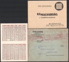 1935 Új Magyarság c, újság kártyanaptár, reklám nyomtatványok, borítékok