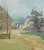 Csordák Lajos (1864-1937): Libás udvar. Olaj, falemez. Jelzett. Néhány repedéssel a mázon. Dekoratív...