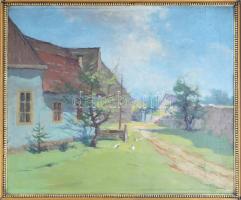 Csordák Lajos (1864-1937): Libás udvar. Olaj, falemez. Jelzett. Néhány repedéssel a mázon. Dekoratív...