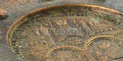 Iparművészeti réz falidísz, kopással, d: 23 cm