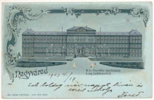 1903 Nagyvárad, Oradea; M. kir. Honvéd hadapródiskola este. Lang József kiadása / K.u.k. military cadet school at night. Art Nouveau, floral, litho (EK)