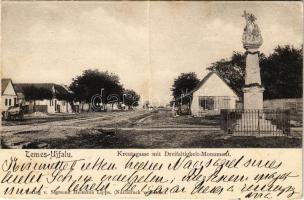 1907 Temesújfalu, Temes-Újfalu, Neudorf; Kreutzgasse mit Freifaltigkeit-Monument / Kereszt utca, Szentháromság szobor. Verlag v. Sigmund Heimann (Lippa) / street view, Holy Trinity statue (fa)