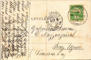 1907 Temesújfalu, Temes-Újfalu, Neudorf; Kreutzgasse mit Freifaltigkeit-Monument / Kereszt utca, Sze...