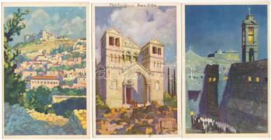 12 db RÉGI Hollós Endre vallásos művészlap. Kiadja A Szentföld biztosi hivatala / 12 pre-1945 religious art postcards signed by Endre Hollós