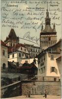 1913 Segesvár, Schässburg, Sighisoara; Partie am Stundturm, Alberthaus / Albert ház, Óratorony, M. Schwarz üzlete. Fritz Teutsch kiadása / boarding school, clock tower, shop (EK)