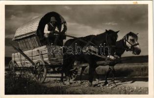 1940 Csíkmadaras, Madaras; Deszkás kóboros szekér, erdélyi folklór. Aladics Zoltán okl. mérnök felvétele / Transylvanian folklore, horse carriage (EK)