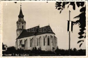 Tasnád, Református templom, Országzászló. Löwinger Lipót kiadása / Calvinist church, Hungarian flag