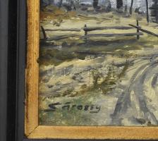 Sárossy jelzéssel: Tanya gémeskúttal. Olaj, fa. Dekoratív, kissé sérült fakeretben. 20,5x29 cm