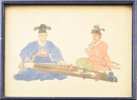 Zenélők Koreai akvarell. Jelzett 26x32 cm Üvegezett keretben / Korean watercolor painting ca 1930