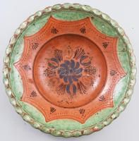 Tányér, Tiszafüred, 19. sz. vége, mázas kerámia, kopott, restaurált, d: 28 cm