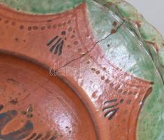 Tányér, Tiszafüred, 19. sz. vége, mázas kerámia, kopott, restaurált, d: 28 cm