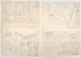 Galambos Margit (?-?), össz. 9 db mű: Gyerekruha, játék és illusztrációtervek, 1920-as évek. Ceruza,...