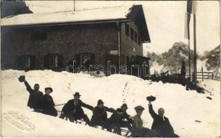 1906 Kufstein, szánkózó társaság télen / sledding people in winter, sport photo. A. Karg (fl)