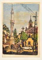 Réti Mátyás (1922-2002): Eger. Színes linómetszet, papír, jelzett, paszpartuban, 40×28 cm