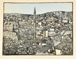 Mészáros Lajos (1925-1971): Eger. Linómetszet, papír, jelzett, kartonra kasírozva, 30×40 cm.