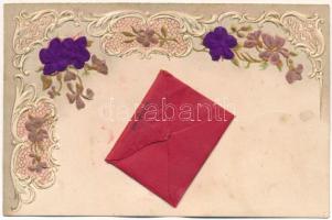 1902 1er Avril / Április elsejei üdvözlet - dombornyomott selyemlap / April greeting - Art Nouveau embossed floral silk card (fl)