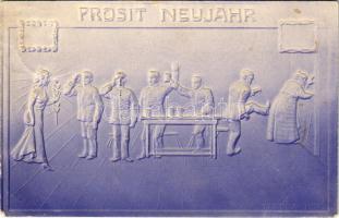 1907 Prosit Neujahr. Kunstanstalt Hermann Abraham / Újévi dombornyomott üdvözlet / New Year embossed...