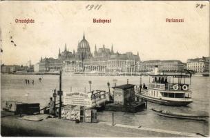 1911 Budapest V. Országház (Parlament) a budai oldalról, ingahajó a kikötőben, Hunyadi János keserűvíz, császárfürdői jegyek és gyorsírás reklám (EB)