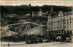 Budapest I. Döbrentei tér és Szent Gellért szobor, Gellérthegyi feljárat, Erzsébethíd kávéház, Czigler-féle sarok palota, Steinfeldi sörház, piac. Taussig A. 3402.