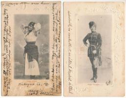 2 db régi hosszú címzéses magyar színésznős képeslap vegyes minőségben: Bojár Teruska és Blaha Lujza / 2 pre-1905 postcards of Hungarian actresses