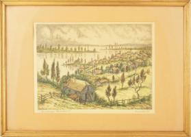 Conrad Gyula (1877-1959): Dunakanyar Szentendrénél. Színezett rézkarc, papír, jelzett, üvegezett fak...