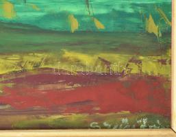 Szűcs János (1917-1995): Faluvége. Olaj, farost, jelezve jobbra lent. Hátoldalán Képcsarnok Vállalat...