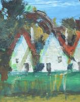 Szűcs János (1917-1995): Faluvége. Olaj, farost, jelezve jobbra lent. Hátoldalán Képcsarnok Vállalat...