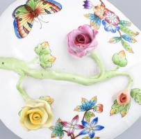 Herendi rózsa rátétes cukordoboz. Kézzel festett, jelzett, minimális lepattanással 15 cm,