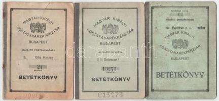 3db-os betétkönyv tétel, benne: Keszeg 1941. &quot;Magyar Királyi Postatakarékpénztár - Keszeg&quot; bejegyzésekkel, alacsony &quot;000021&quot;-es sorszámmal; Bánréve1931. &quot;Magyar Királyi Postatakarékpénztár - Bánréve&quot; bejegyzésekkel, alacsony &quot;65&quot;-ös sorszámmal; Debrecen 1945. &quot;Magyar Királyi Postatakarékpénztár - Debrecen&quot; bejegyzésekkel.