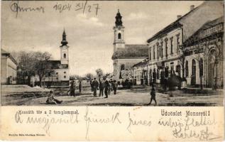 1904 Monor, Kossuth tér a 2 templommal, üzlet. Burján Béla kiadása (fa)