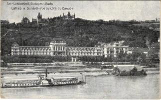 1911 Budapest II. Szent Lukácsfürdő, látkép a Dunáról, HATTYÚ gőzhajó (EB)