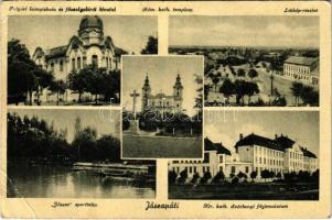 1944 Jászapáti, Polgári leányiskola és főszolgabírói hivatal, &quot;Jössze&quot; sporttelep, Széchenyi főgimnázium, Római Katolikus templom. Koczka Andor kiadása (EB)