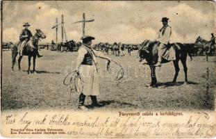 1902 Hortobágy, Pányvavető csikós a Hortobágyon, magyar folklór. Pongrácz Géza kiadása. Kiss Ferenc eredeti fényképe után (r)