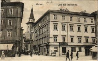 1914 Fiume, Rijeka; Calle San Bernardino, Farmacia, Pavletic P. / utca, gyógyszertár és üzlet / street, pharmacy and shop (ázott / wet damage)