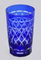 Dúsan csiszolt kristály kék üdítőspohár szett, 6 db, original dobozban, hibátlan, m: 13 cm