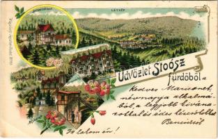 1899 (Vorläufer) Stószfürdő, Stoósz-fürdő, Kúpele Stós; Dr. Czirfusz villa, látkép, Hungária nyaraló, Kompordai ház. Wlaszlovits Gusztáv No. 103. / villas, spa. Art Nouveau, floral, litho (EK)