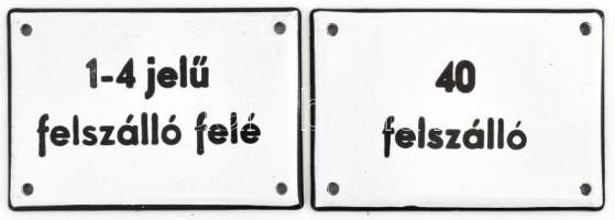 2 db zománcozott fém tábla, "40 felszálló" és "1-4 jelű felszálló felé" felirattal, 12x8 cm