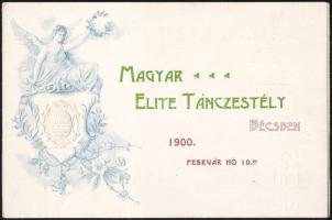1900 Meghívó a Bécsi Magyar Nemzeti Szövetség által szervezett Magyar Elite Táncestélyre, dekoratív, dombornyomott szecessziós meghívó, 16,5x10,5 cm