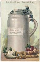 1907 Ein Prosit der Gemütlichkeit aus München / Német dombornyomott sörös korsós mechanikus reklámlap / German Hofbrauhaus brewery advertisement, beer mug - embossed mechanical card