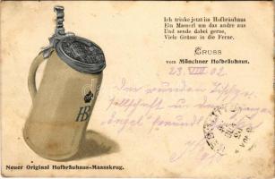 1902 Gruss vom Münchner Hofbräuhaus. Neuer Original Hofbräuhaus-Maasskrug / Német dombornyomott sörös korsós reklámlap / German brewery advertisement, beer mug - embossed litho (fl)