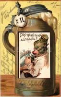 1905 Dös Krüag'l muass a Loch hab'n! Münchner Hofbräuhaus / Német söröskorsós dombornyomott reklámlap / German brewery advertisement, beer mug. Embossed litho (fl)